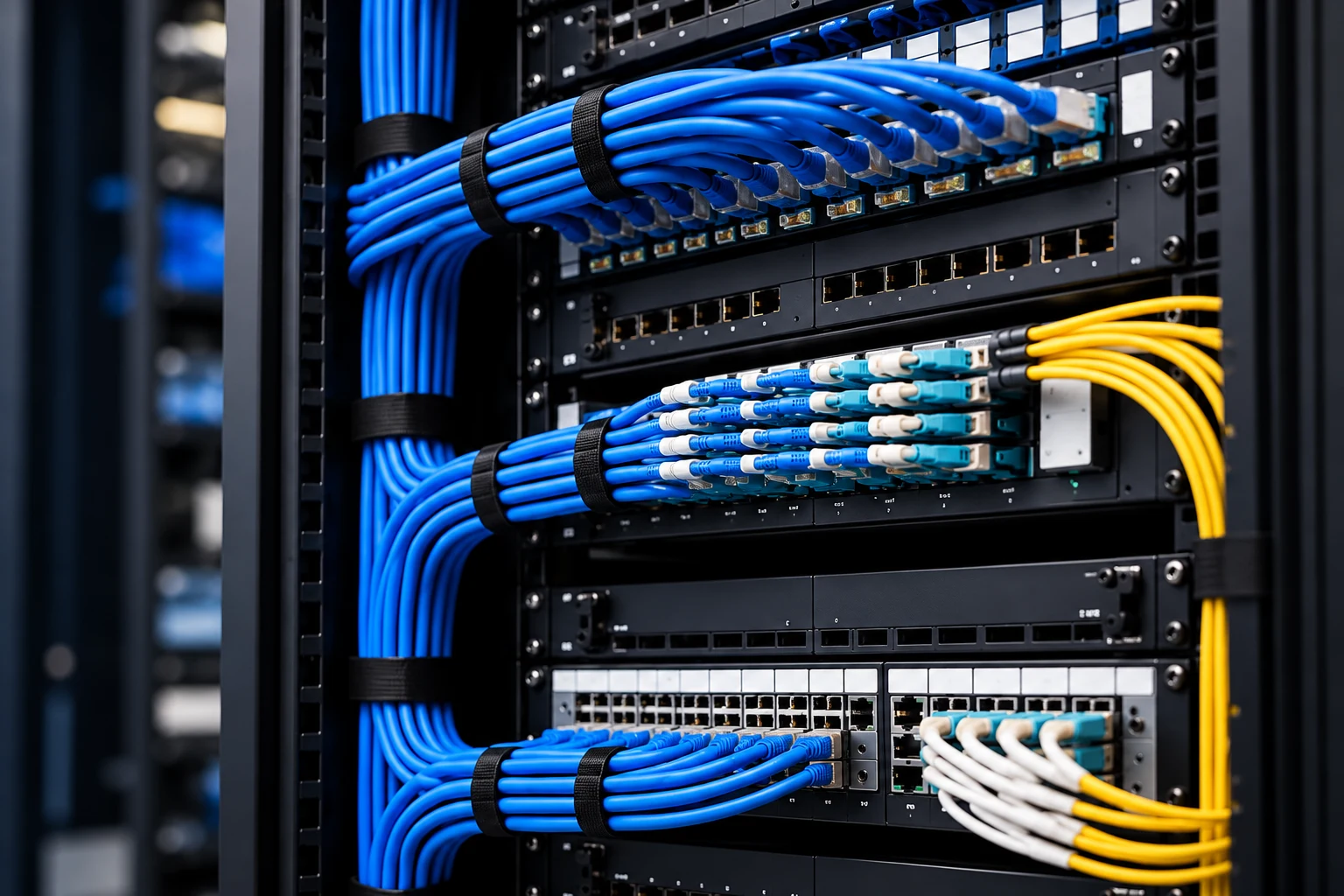 Illustrative network rack with organized patch cables